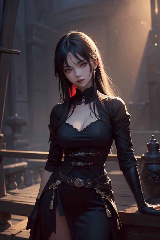 Special clothes44,lace trim,midriff,shirt,miniskirt, Beautiful devil woman from hell, (in the darkness: 1.6), 大卫霍克尼和阿尔方斯穆夏的Surreal女性portrait, fantasy art, korean doll, photorealism, dynamic lighting, art station, poster, Volumetric lighting, The facial details are very rich, 8k, in the darkness, deep shadow, low pitch, (knee shot), long hair, black hair, luxurious palace, royal style, Demon Crown, Red eye makeup is very sharp and detailed, the most beautiful face, normal breast, Surreal, charming smile, Eye makeup is very good, Gurwitz, devil style, red and black lips, Devil tattoo on shoulder, The weather is gloomy and thunderous, (portrait), Protagonist close-up, (Background details 1.8),