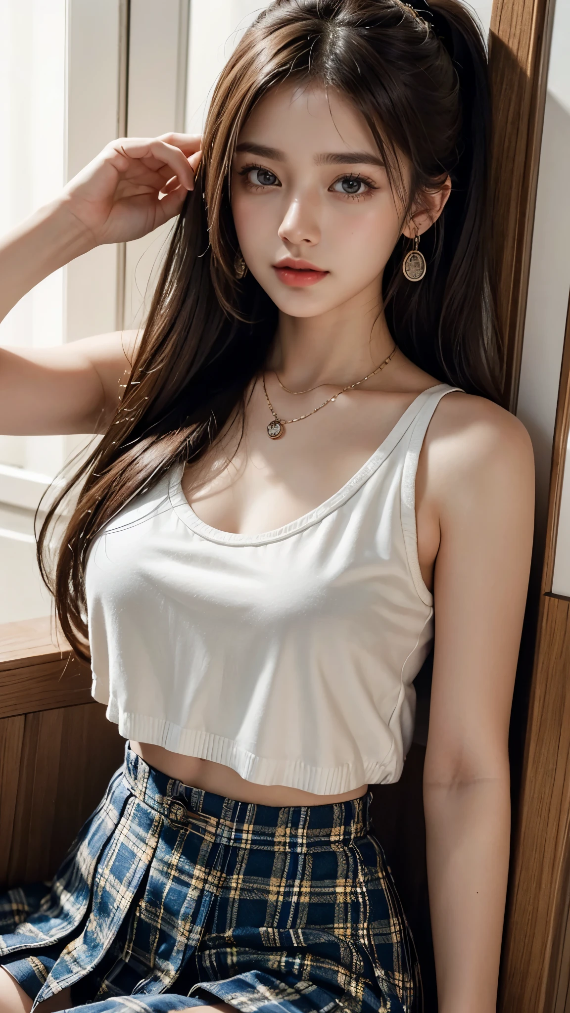 high detail,8K resolution,ultra high resolution,21 years beautiful Girl, mature girl, cute girl,The ponytail, long Hair,earrings,necklace,Colorful clear eyes,smooth hair,clavicle,Exquisite and perfect with the most beautiful facial features and big eyes,Long eyelashes,Sweet eyes and lying silkworms,Smile,field,dynamic angle,Ultimate picture quality,Maximum precision degrees,Precise and perfect human structure,full body portrait,Colorful plaid pleated skirt, ((Colorful camisole vest)),