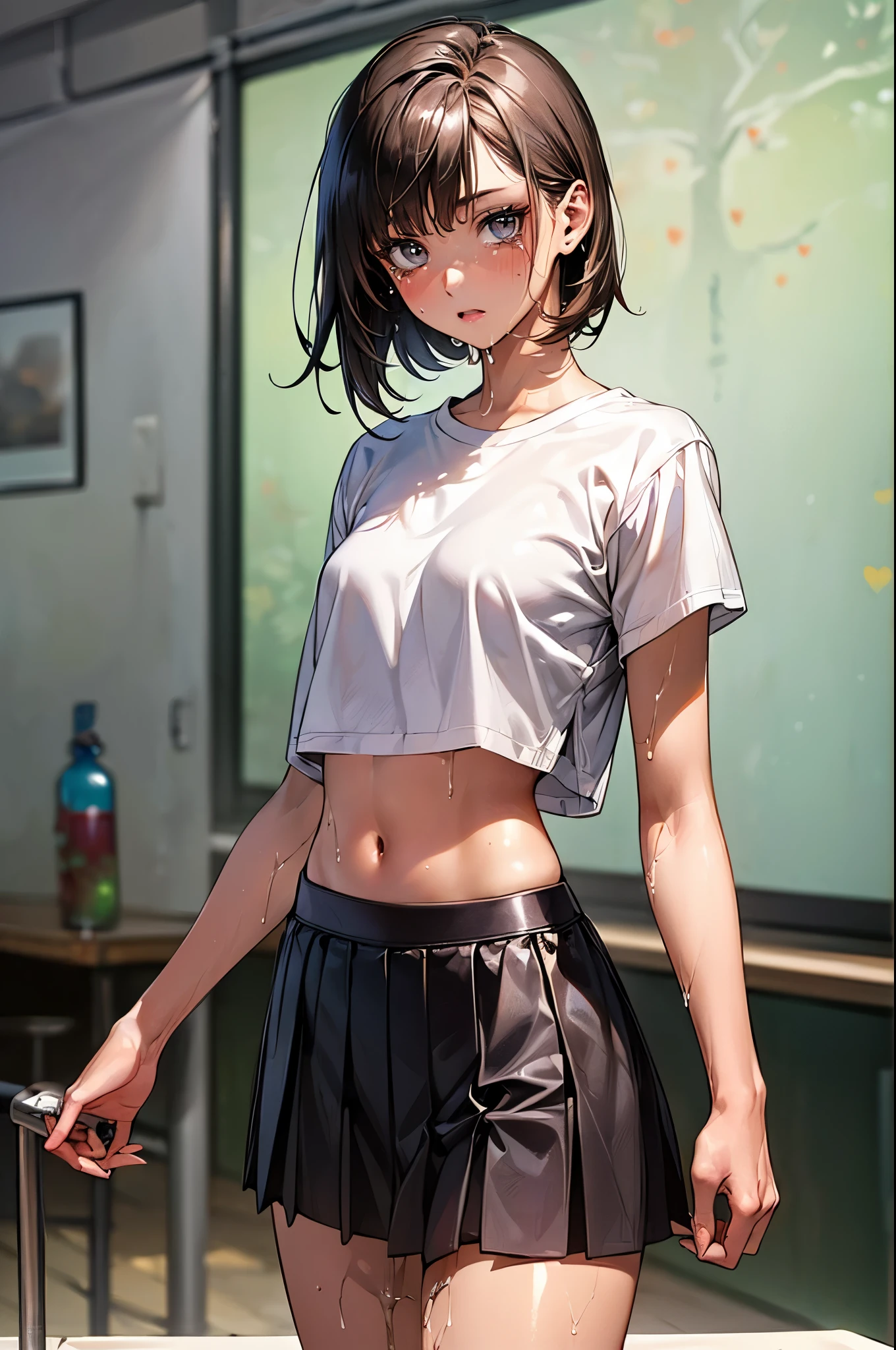 ((perfect anatomy:1.5,realistic:1.3,RAW Photography:1.3,masterpiece、highest quality、Ultra - High resolution、High resolution、Highly detailed CG、8K)),cowboy shot,1 female,solo,18-year-old、High school girl beautiful girl,Japanese,((beautiful detailed face and eyes:1.2,big gorgeous eyes:1.2,gray eyes)),dark brown hair,short bob hair,bangs,medium breasts,slender body,small head:1.3,skinny,(oily skin,gleaming skin,shiny skin、sweat)、sitting,black tank top、plaid pleated skirt、Backstage、Harajuku、Tokyo、