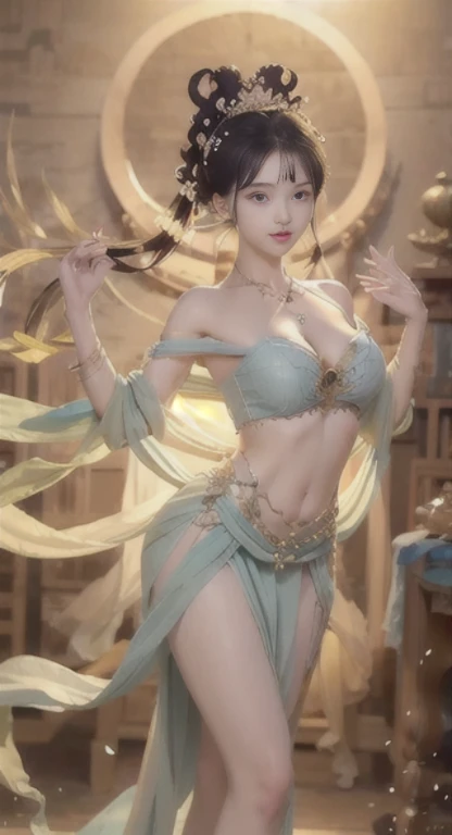 full-body shot，a beautiful woman，Exquisite jade feet，messy hair，teenage girl，Symmetrical bun，D cup， [[[[特写cleavage]]]]Huge long saggy breasts, looking at the audience，cleavage, [hair accessories，jewelry，The face is very delicate，eye shadow，Exquisite blue top，Off the shoulders，crop topping，Show belly，Dunhuang style，many ribbons，fine skin，Soft lighting effects，Hair is fine and smooth，Exquisite details，eyes highlights，White skin，Detailed characterization，Extreme details，movie quality，thin，slim，Fragmentation，Hair details，thin bangs，Shawl hair，correct body，shadow，air bangs，8K，super detailed，Fabric texture is delicate，softness，complacent，smooth texture，Dunhuang style，Exquisite pattern，Correct hand drawing，Smile, crane plum, Surrealism, Ray tracing, ultra high definition, high detail, Super details, high resolution, 8K, Yes, high quality, high detail, textured skin, precise
