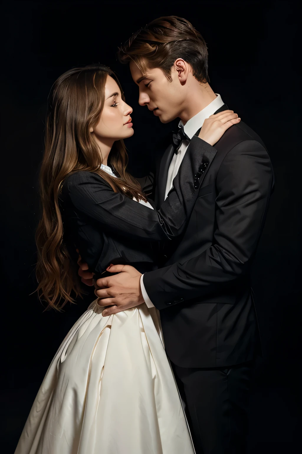 A book cover image for Romance genre where a man in suit is standing with a woman in a dress and they are in a very close position and only from neck down is shown and the woman has blonde wavy mid length hair and the man has dark brown wavy short hair; have a black background. make sure to focus more from the shoulder to down for the couple