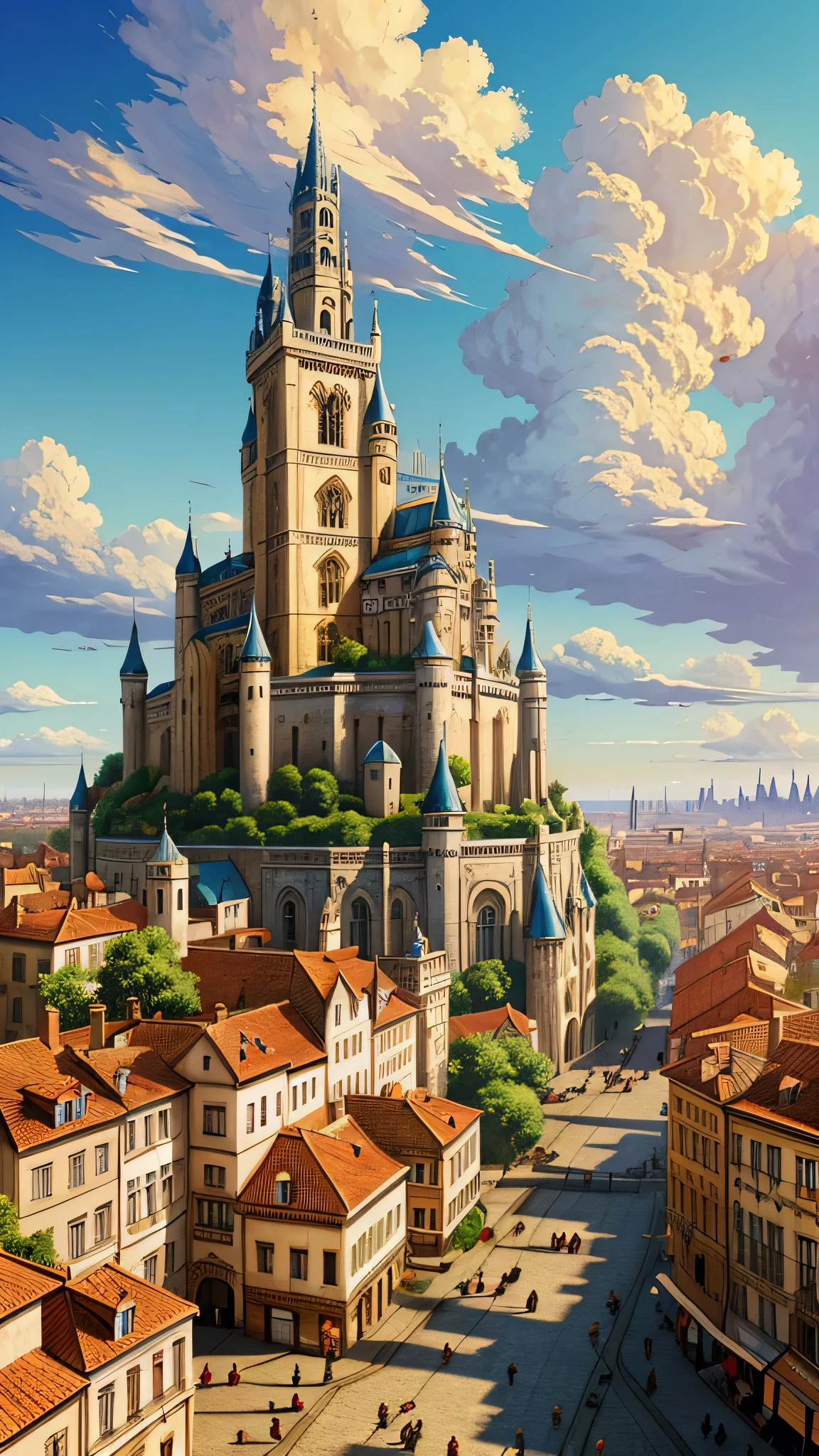 Aerial view of a sprawling medieval fantasy cityscape with majestic palaces, bustling markets, intricate buildings, and charming houses set against a backdrop of fluffy clouds and a clear blue sky. Vertical orientation, detailed illustration, high stylization