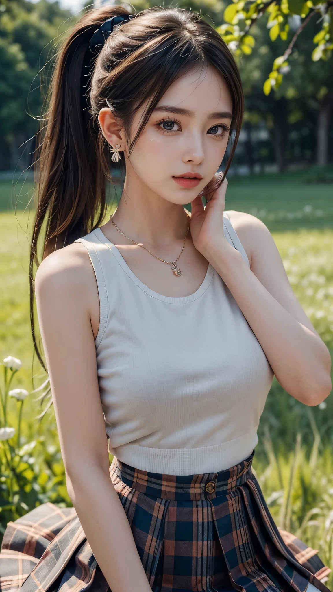 high detail，8K resolution，ultra high resolution，121 immature girls cute girls，The ponytail is 22 hairs long，earrings，necklace，Colorful clear eyes，smooth hair，clavicle，Exquisite and perfect 23 with the most beautiful facial features and big eyes，Long eyelashes 24 hairs，Sweet eyes and lying silkworms，Smile，
field，dynamic angle，Ultimate picture quality，Maximum precision 25 degrees，Precise and perfect human structure，full body portrait，Colorful plaid pleated 27 skirt，Colorful camisole vest