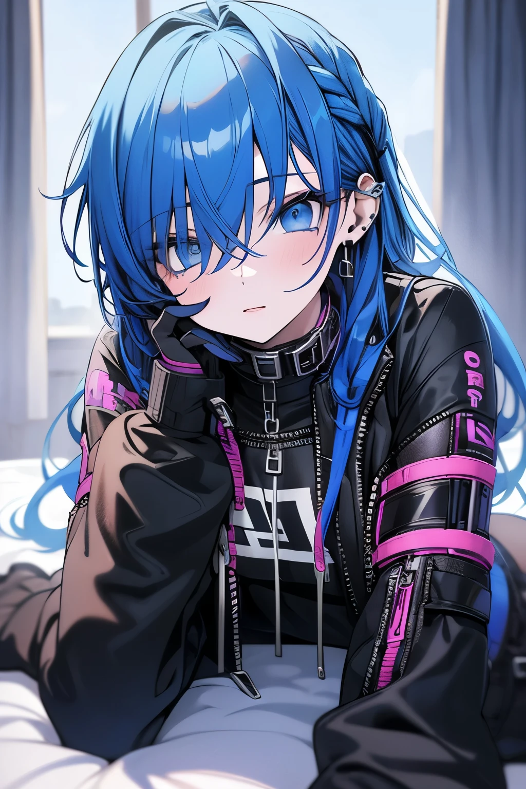 Cyberpunk edge runner Lucy style, pvc costume, blue eyes, blue hair, beautiful skin, high quality painting, lying on bed,