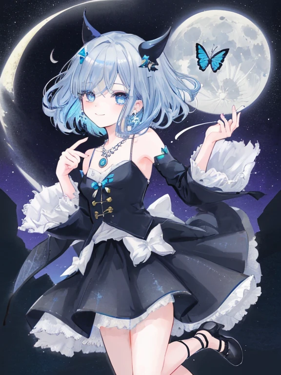anime,portrait,woman,20’s, BREAK,small face,big eyes,light blue eyes,smoll nose,BREAK,medium hair lob,blue hair,colored inner hair,sliver hair,parted bangs,wavy hair,【moon hair ornament】,BREAK,smile,BREAK,black butterfly heels,BREAK,bustle skirt,moon print,butterfly print,moon necklace,moon head,butterfly earrings