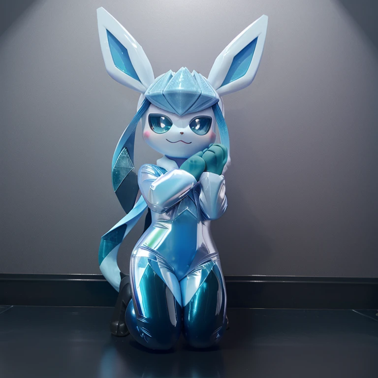 1boy, solo, realistic photo, kawaii glaceon, solo, masterpiece, high detail, best shadow, inflatable suit, glaceon, pokemon, shiny vinyl, latex pokemon suit, full body, nsfw, blush, claw pose