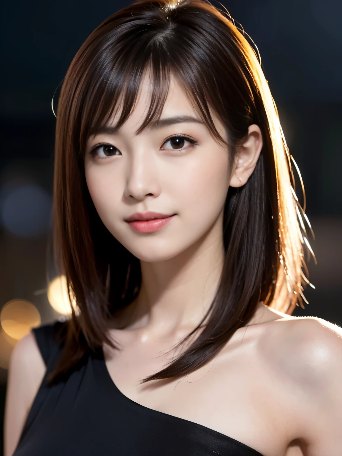 1 Japanese idol, (Raw photo, Best Quality), (Realistic, Photorealsitic:1.4), masutepiece, extremely delicate and beautiful, Extremely detailed, 8k wallpaper, amazing, finely detail, extremely detailed CG Unity, hight resolution, Soft light, Beautiful detailed 25 year old, extremely detailed eye and face, beautiful detailed nose, Beautiful detailed eyes,Cinematic lighting,city light at night,Slender,Smiling, (medium hair, hair messy, asymmetrical bangs, light brown hair)