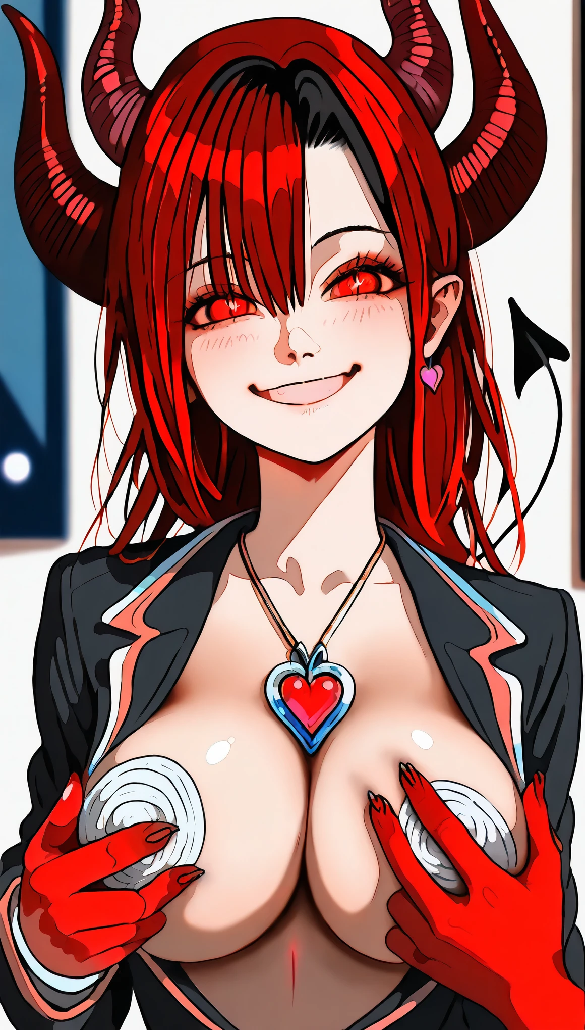 (realistic,photorealistic,photo-realistic:1.37),beautiful detailed eyes,beautiful detailed lips,extremely detailed eyes and face,Blurred motion, streaks of light, surreal, dreamy, ghosting effect, highly detailed, cowboy shot, best quality,woman, 20 years old, asymmetrical bangs, Topless, (Exquisite business suit:1.8), glow red neon hair, necklace pendant between breasts, big breasts, Glowing eyes, (red devil horns:1.5), awardwinning, amazing details,eye shadow,Eyeliner,(Devil smile:2),(nipple tweak:1.2),A bandage covers one eye,