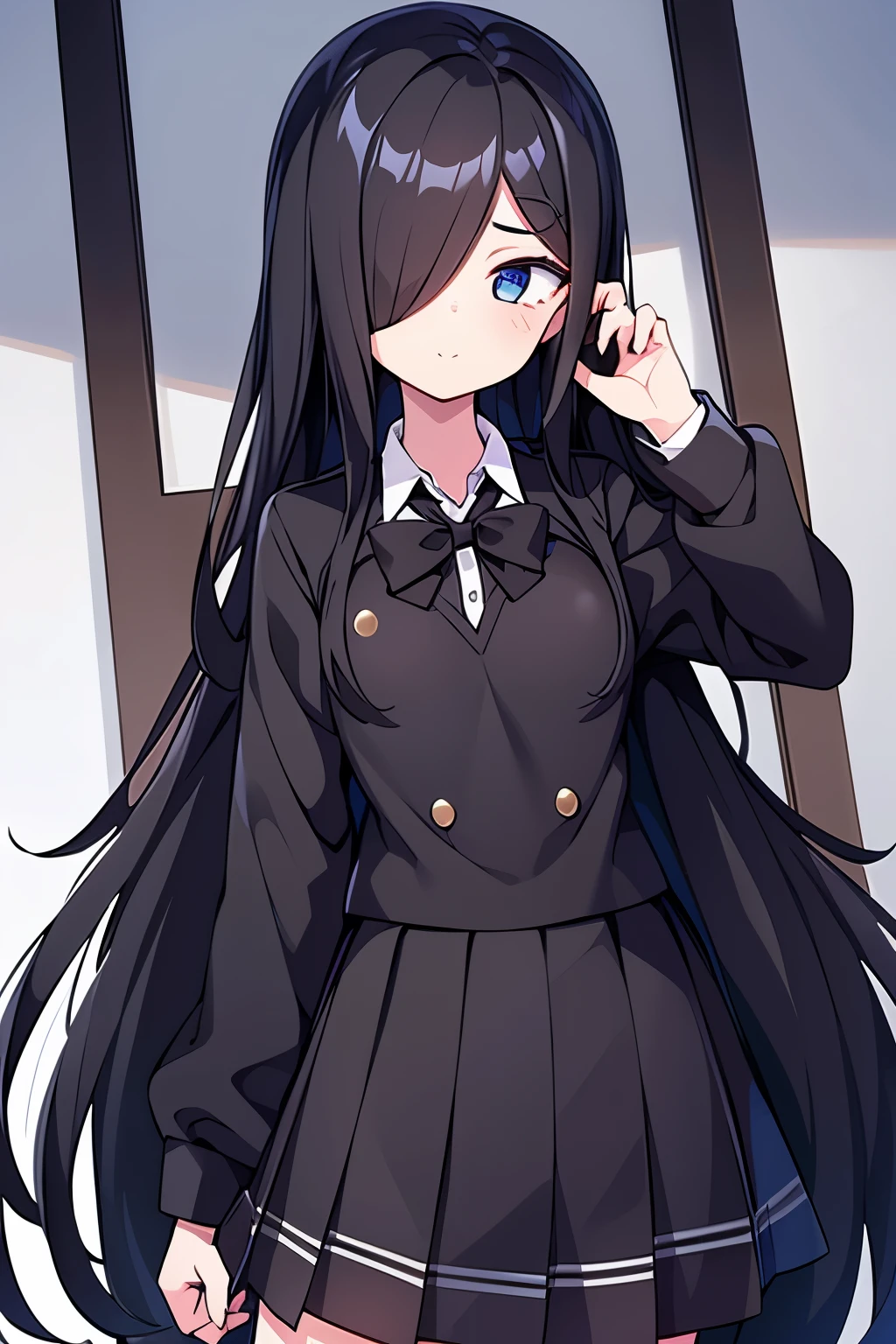 1 girl, black hair, (black school uniform) (black hood) formal, Ghost hair, hair above one eye, long hair, (one eye covered) flat chest