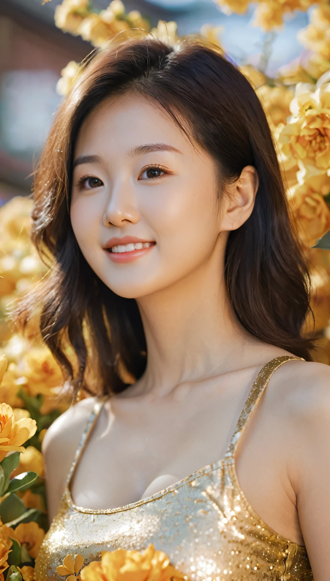 close-up, side shot of beautiful korean female, 34 inch breasts size, slightly smile , wearing gold tank top, wearing floral crop top, holding flowers, nokeh background 