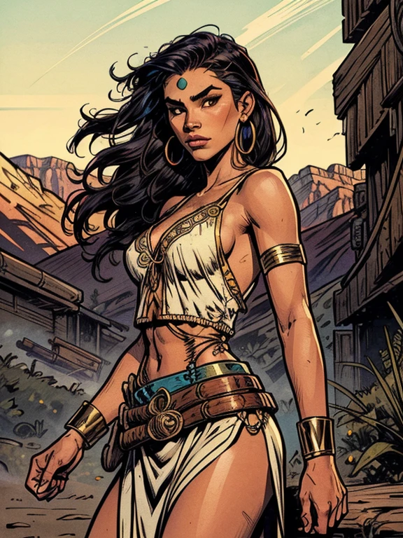 mdjrny-v4 style portrait photograph of Madison Beer as Pocahontas, young beautiful native american girl, perfect symmetrical face, indigenes feather jewelry, traditional handmade dress, armed female hunter warrior, (((wild west))) environment, Utah landscape, ultra realistic, concept art, elegant, ((intricate)), ((highly detailed)), depth of field, ((professionally color graded)), soft ambient lighting, dusk, 8k, art by artgerm and greg rutkowski and alphonse mucha