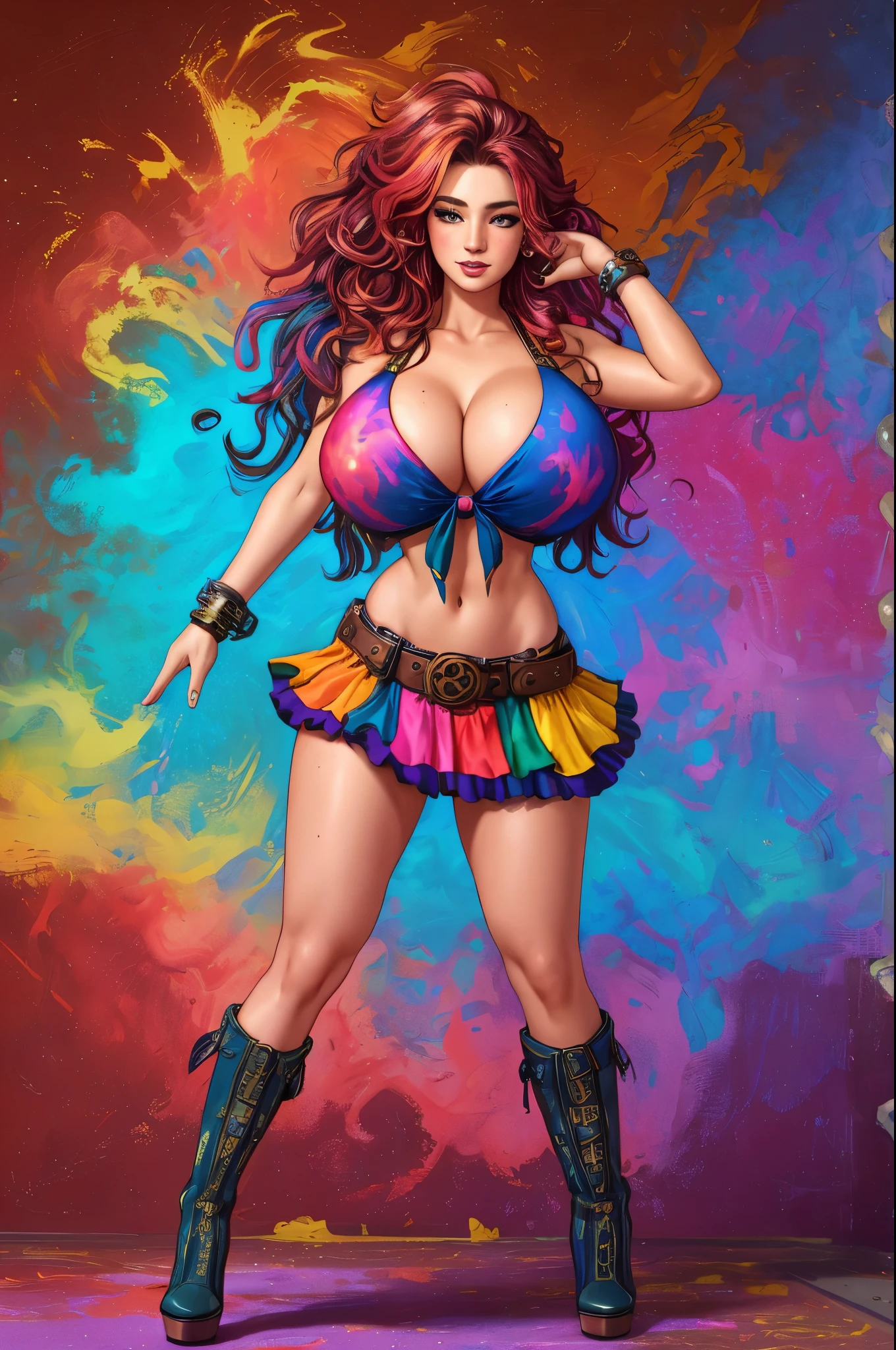 Colorful beautiful girl: a girl 28-years old, messy hair, oil painting, 8k resolution, complex, elegant, expansive, fantastical,  wavy hair, vibrant, rainbow colours,  tie dyed croptop, underboob,  short skirt, gorgeous hair, full body shot, pretty face, high heels, engineer, freckles, steampunk, boots, seductive, 