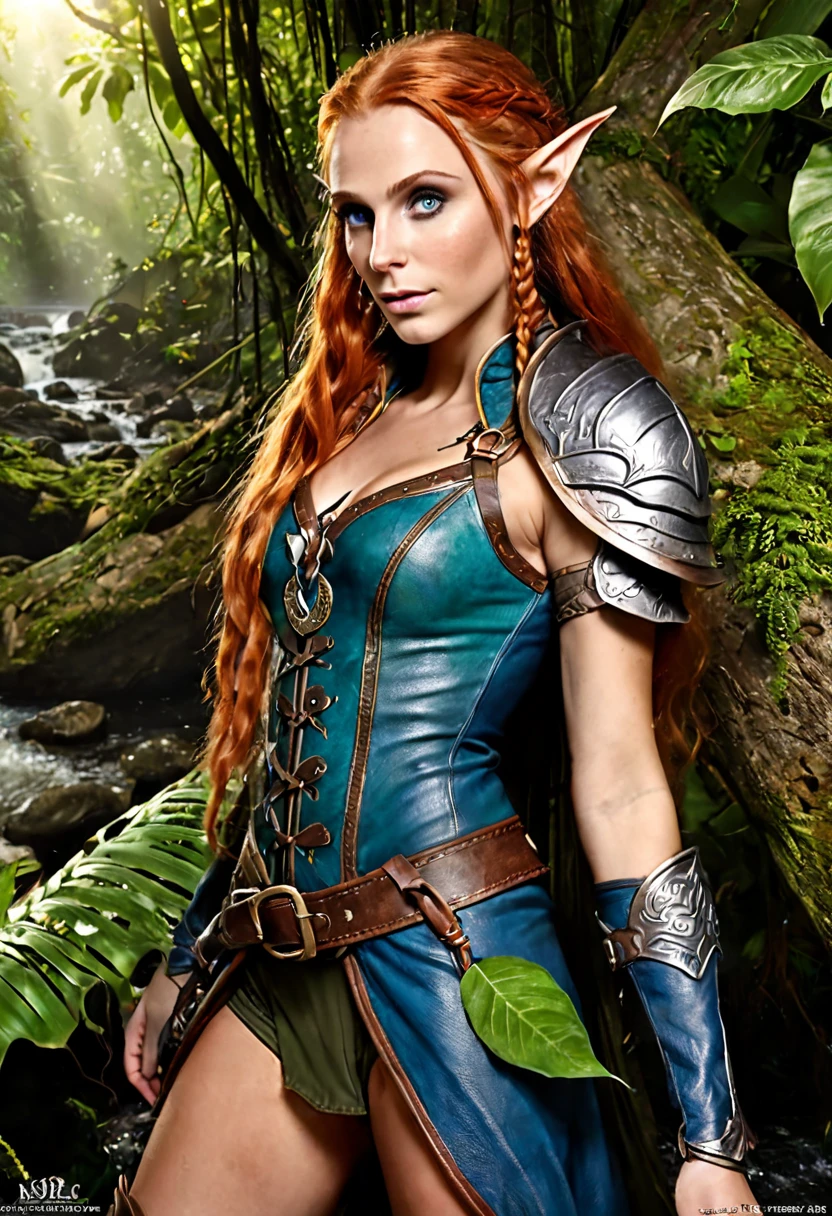 High detail, Best quality, 16 thousand., [ultra detailed], masterpiece, Best quality, (extremely detailed), dynamic angle, ultra wide shot, RAW, Photorealistic, fantasy art, realistic art, Female Elf Druid (complex parts, masterpiece, Best quality: 1.5) in the jungle, a female elf wearing leather clothes complex parts, masterpiece, Best quality: 1.4), leather boots, Thick hair, long hair, Brown hair, Deep blue eyes, bright jungle (rich details), lots of plant life, vines coming from trees, много деревьев in the jungle (complex parts, masterpiece, Best quality: ), vines, The river flows, Sun Ray, dynamic light. dynamic angle, (complex parts, masterpiece, Best quality: 1.5) , 2.5 rendering, High detail, Best quality, A high resolution, ultra wide angle