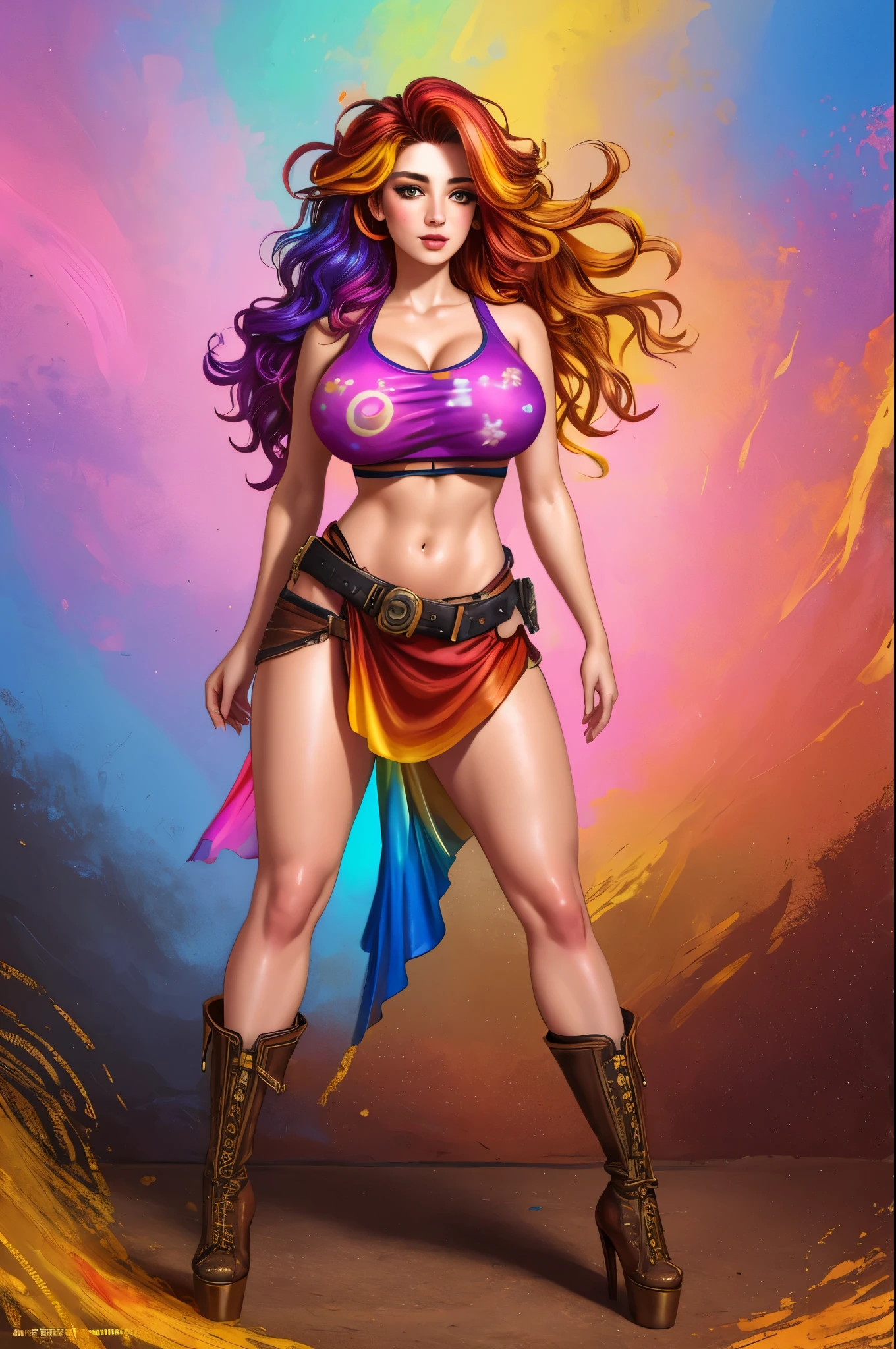 Colorful beautiful girl: a girl 28-years old, messy hair, oil painting, 8k resolution, complex, elegant, expansive, fantastical, wavy hair, vibrant, rainbow colours, tie dyed croptop, underboob, short skirt, gorgeous hair, full body shot, pretty face, high heels, engineer, freckles, steampunk, boots, seductive,