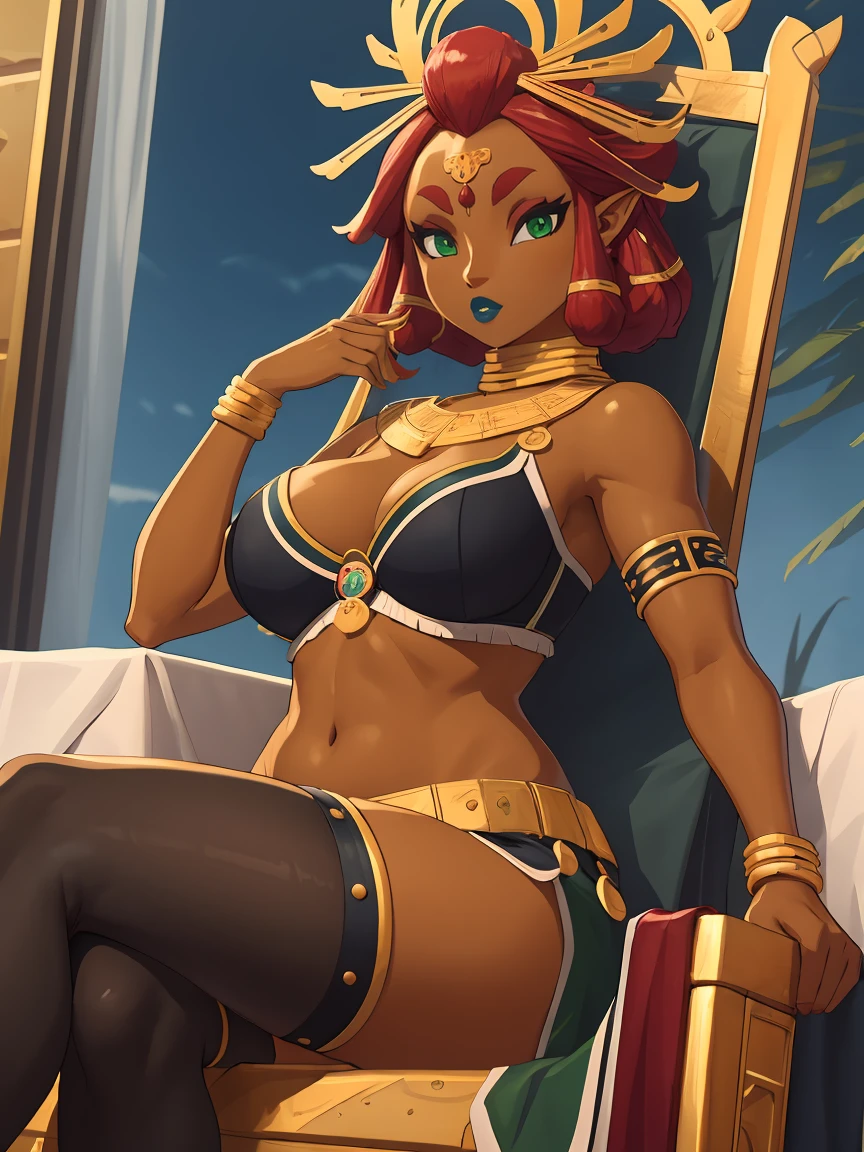 Big breasts, green eyes, dark blue lips, sitting on a throne, bra with straps, black stockings, Riju