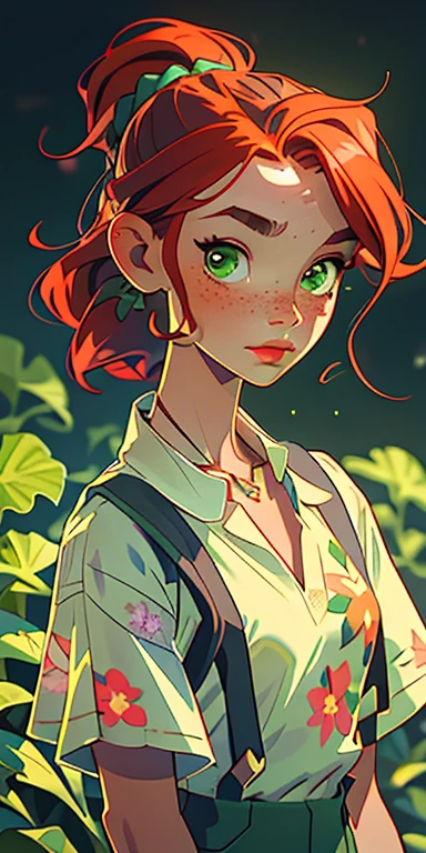(masterpiece, best quality), 1girl, collarbone, wavy hair, looking at the viewer, blurry, upper body, necklace, suspenders, floral print, ponytail, freckles, red hair, sunlight, alien, green light, green molasses