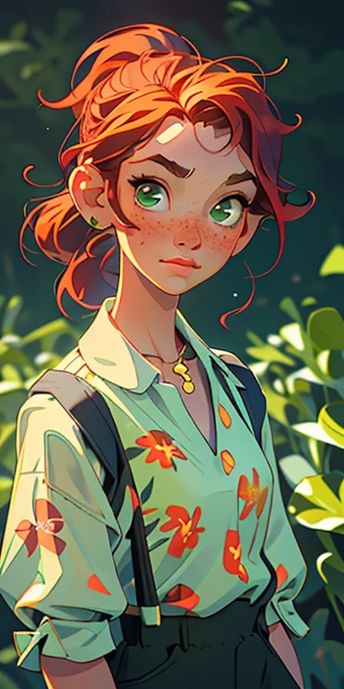 (masterpiece, best quality), 1girl, collarbone, wavy hair, looking at the viewer, blurry, upper body, necklace, suspenders, floral print, ponytail, freckles, red hair, sunlight, alien, green light, green molasses