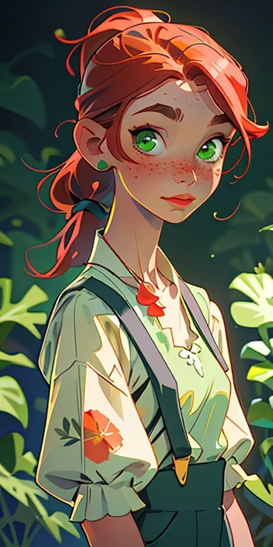 (masterpiece, best quality), 1girl, collarbone, wavy hair, looking at the viewer, blurry, upper body, necklace, suspenders, floral print, ponytail, freckles, red hair, sunlight, alien, green light, green molasses
