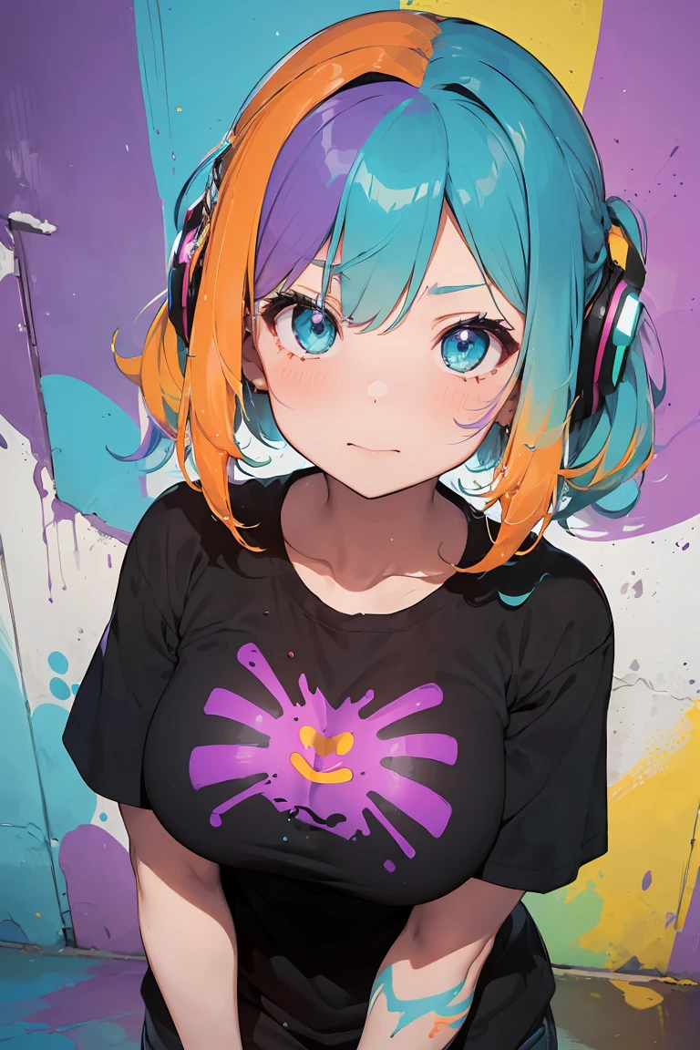 Anime girl with headphones,cowboy shot, (big breasts:1.3), (( perfect eyes , レインボーは超be familiar withなラベンダーの目を輝かせます:1.1, gradient eyes:1, Beautiful be familiar with eyes:1, symmetrical eyes:1, Big Eye Highlights:1.2)), (crow pose), blush, Concerned, in a psychedelic room, (bright skin: 1.5, tanned skin, bright skin, very bright skin, bright body), Psytranceのイラスト, Psytrance, psychedelic art style, Neon Colors theme, (((masterpiece))), (Complex), 8K, highest quality, (visual strength: 1.5),
(((liquid paint hair:1.1))) ,(((neon orange hair | yellow hair | neon blue hair | neon aqua hair | purple hair | Fuchsia Hair | fluorescent blue hair | amethyst hair | neon hair | bright orange hair :1.5))), ((Made of paint、defy gravity,thick stream),(shiny hair: 1.3), (bright colors), dynamic pose, embarrassing,in the center,Scale to fit,Rule of thirds,
colorful background, rest colorful theme, beautiful light, colorful light particles,high contrast in clothing, splash of color, Colored walls, Complex be familiar with, exposure blend, HDR, (graffiti art),more_be familiar with:0.5,