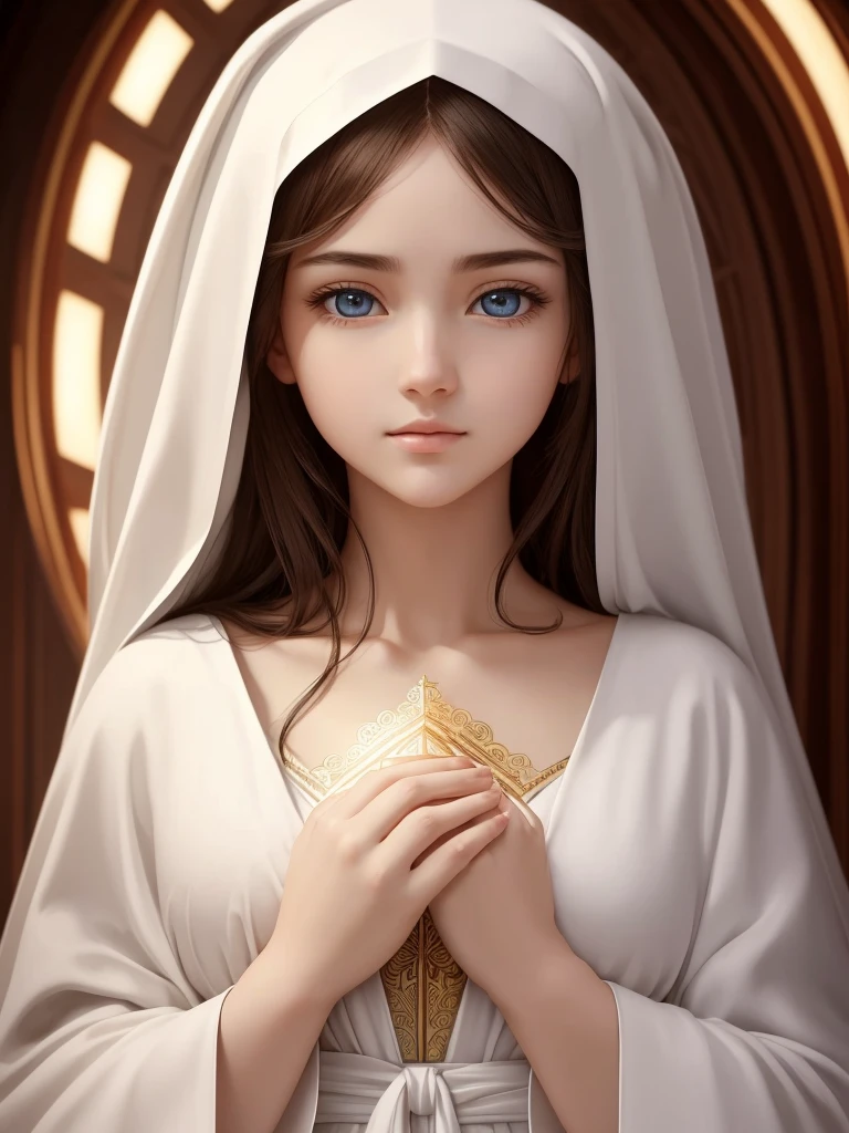 virgin mary.Caucasian woman praying in white robe.The sweet and innocent angelic shape of Holy Light,holy high quality, masterpiece, 

                   Exquisite facial features, exquisite eyes,high-definition, beautiful light and shadow, The Tyndall effect, halo,

                               Beautiful girl with big eyes and very delicate eyes, paint by numbers, art station, Conceptual art work ??????? correct detailed sharp focus, illustration, 艺术作品  官方艺术 masterpiece, top quality, best quality
