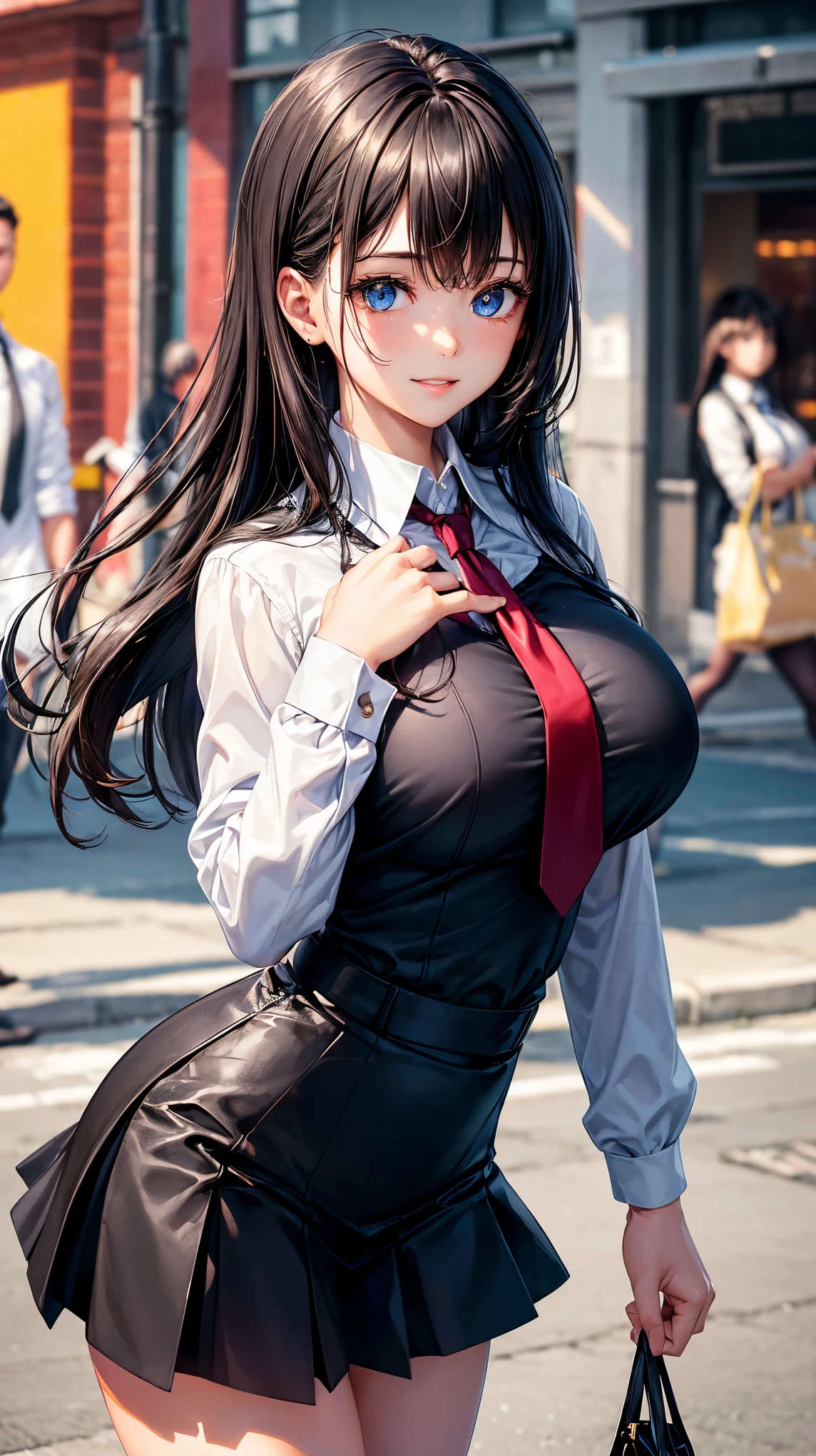 (best quality:1.3), (Complete details:1.5) , (Eye details:1.2), (Shadow details:1.2), (sharpness:4k), one young woman, College Girl, Very big breasts, Cup Bust:H, Student uniform, black short skirt, white shirt, Revealing the chest groove, bright blue eyes, sparkling eyes, brownish black hair, walking street background, wave hello, Smiling slightly, shy, long hair, cute, beautiful, Look at the audience., necktie, Black suit shirt, (Perfect hand detail:1.5), (brightness:1.3), (Masterpiece:1.5)