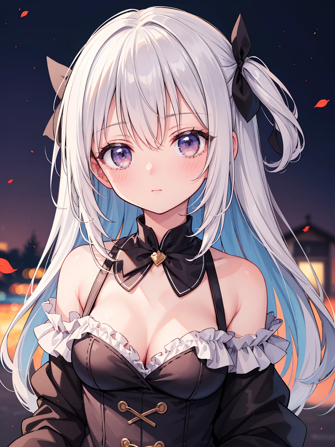 (8K, highest quality, masterpiece:1.2),(highest quality:1.0), (ultra high resolution:1.0), watercolor, beautiful woman, shoulder, hair ribbon, Written by Agnes Cecil, half body portrait, very bright bright design, pastel colour, (ink:1.3), autumn lights,