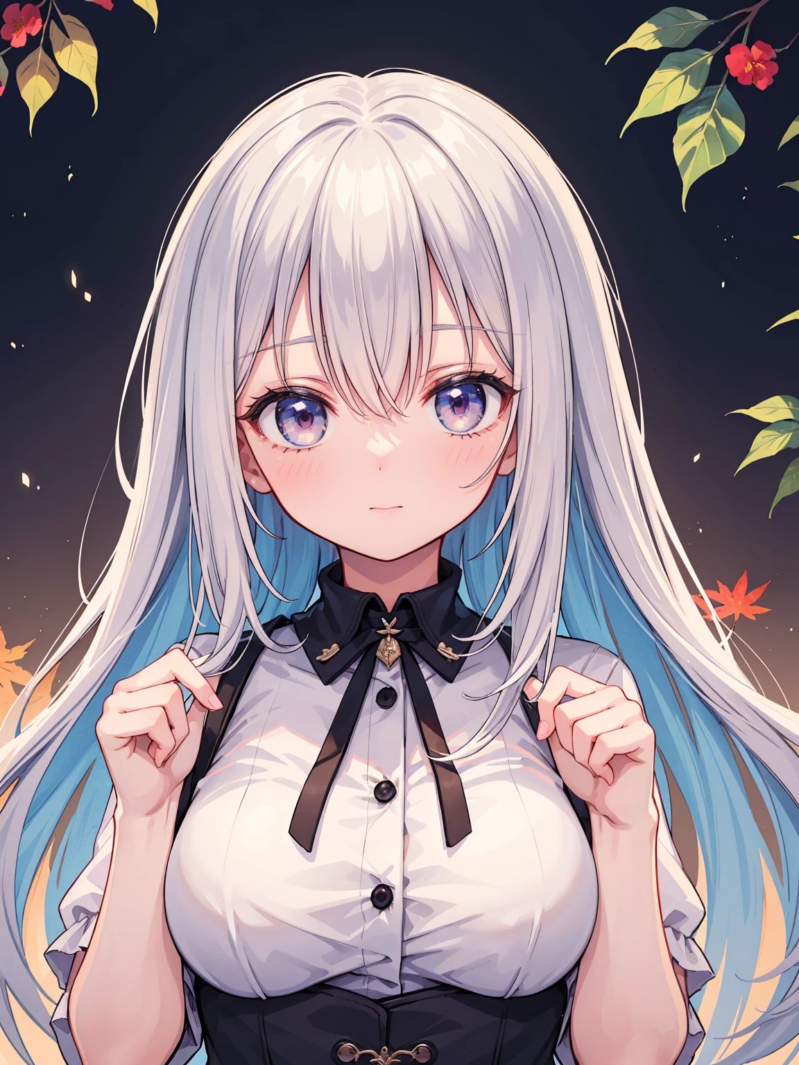 (8K, highest quality, masterpiece:1.2),(highest quality:1.0), (ultra high resolution:1.0), watercolor, beautiful woman, shoulder, hair ribbon, Written by Agnes Cecil, half body portrait, very bright bright design, pastel colour, (ink:1.3), autumn lights,