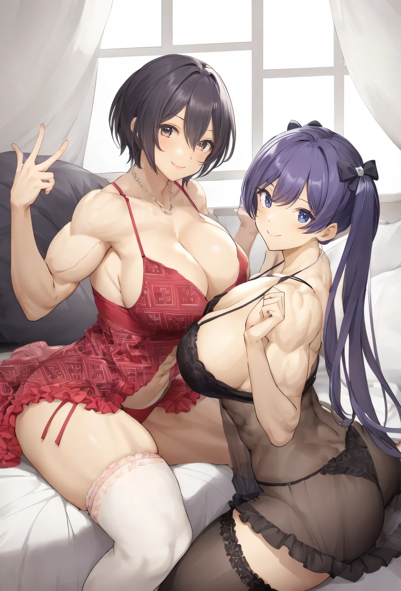 ,2girls,cute , muscular female, alternate muscle size,,muscular ,bed,biceps,babydoll,complex pattern,,muscular thighs,smile