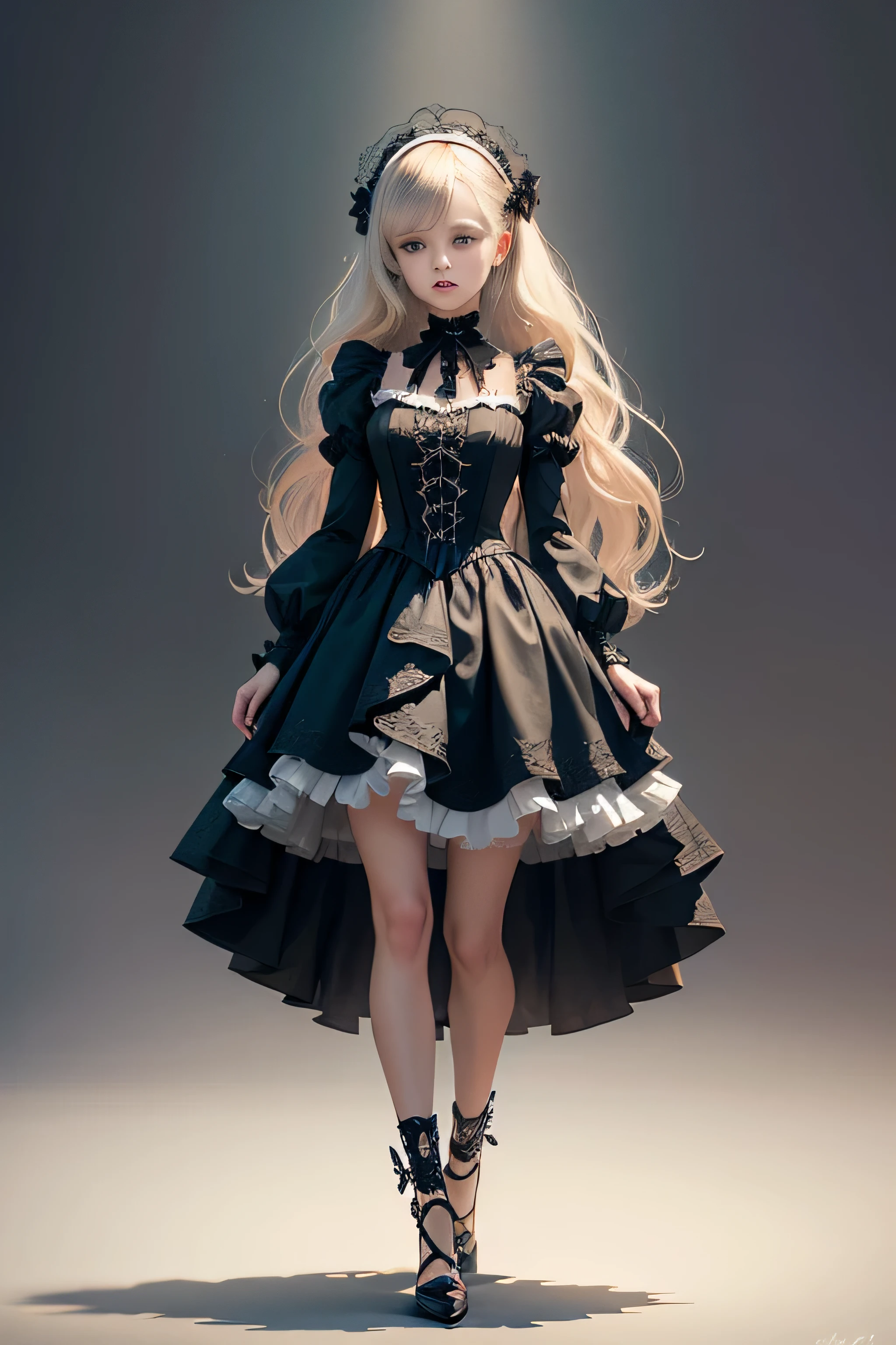 Create an extravagant full-body Gothic Lolita style that highlights the "woman" theme. Incorporate Gothic Lolita elements such as lace, ribbons, and Victorian details to reflect an elegant and intricate style. Use black, white, and pastel tones to convey the unique Gothic Lolita aesthetic. Designs must be eye-catching and should be centered in the image on a white background. The woman should fit well within the space and not touch the edge of the canvas. Do not include text in the image.