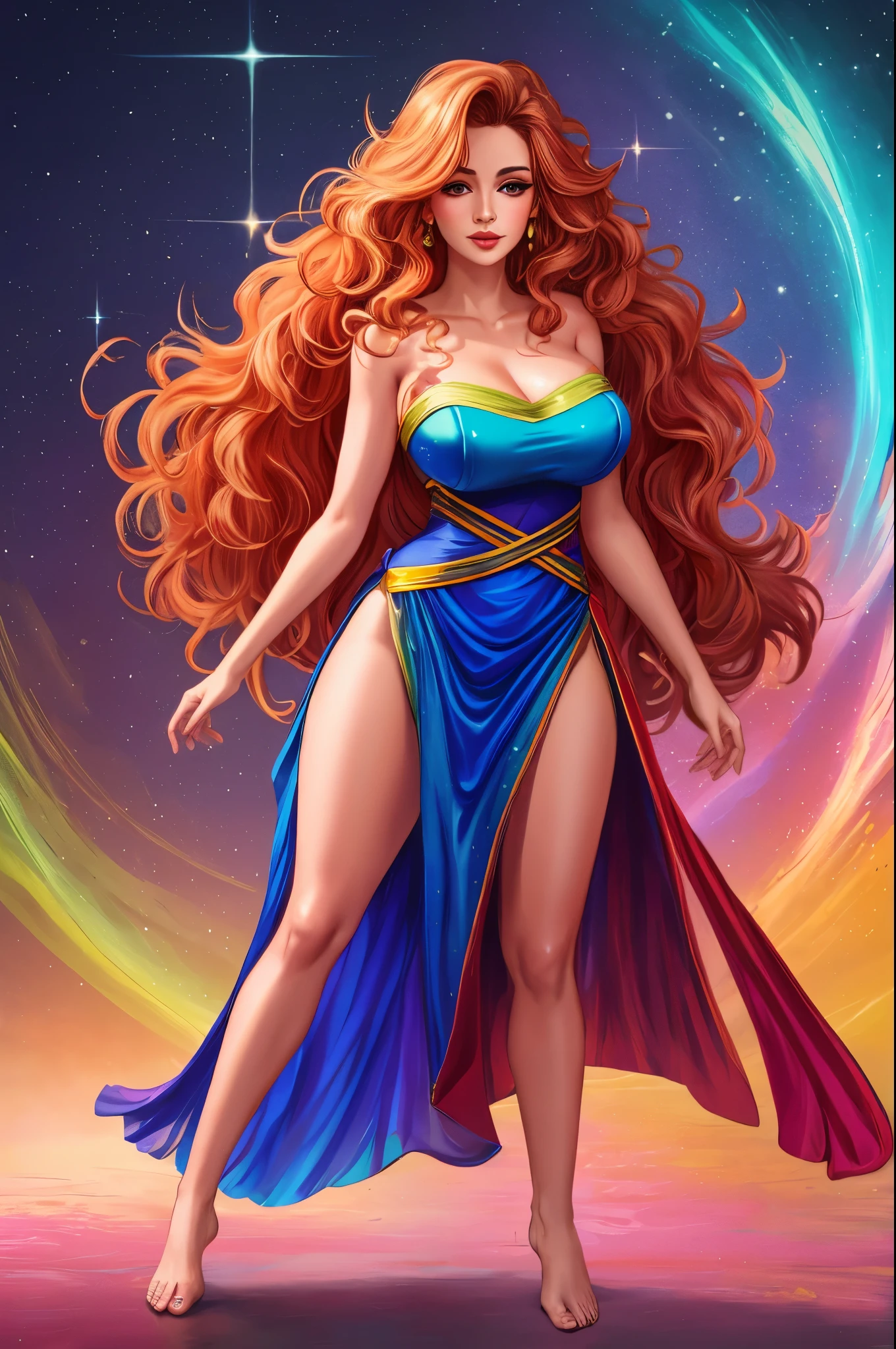 Colorful beautiful girl: a girl 28-years old, messy hair, oil painting, 8k resolution, complex, elegant, expansive, fantastical, wavy hair, vibrant, rainbow colours, sorceress, long dress, leg slit, standing, seductive
