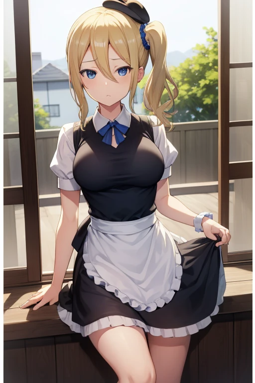 aihayasaka, ai hayasaka, blonde hair, blue eyes, blue Scrunchie, hair between eyes, hair Scrunchie, long hair, Scrunchie, side ponytail, side lock, big breasts
(Maid clothes:1.3), (white brim)