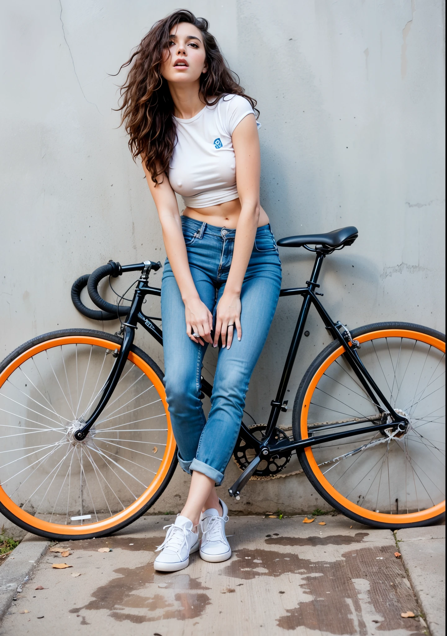 mulher arafa sentada em uma bicicleta encostada na parede, bicicleta, biCiclos, bicicleta in background, foto de modelo de garota magra, ciclismo!!, andar de bicicleta, moderno, Ciclos, foto de uma motociclista, cintura fina e quadris grossos, com grandes tubos cromados, anda de bicicleta, roupas casuais modernas, jovem infp, estilo legal, cool appearance