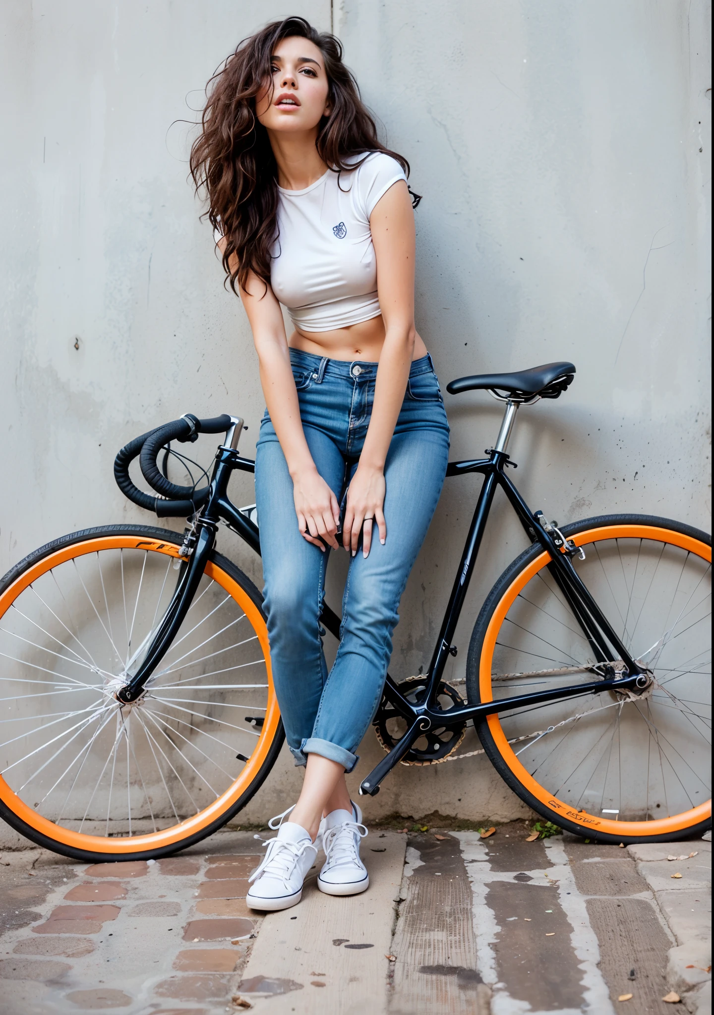 mulher arafa sentada em uma bicicleta encostada na parede, bicicleta, biCiclos, bicicleta in background, foto de modelo de garota magra, ciclismo!!, andar de bicicleta, moderno, Ciclos, foto de uma motociclista, cintura fina e quadris grossos, com grandes tubos cromados, anda de bicicleta, roupas casuais modernas, jovem infp, estilo legal, cool appearance