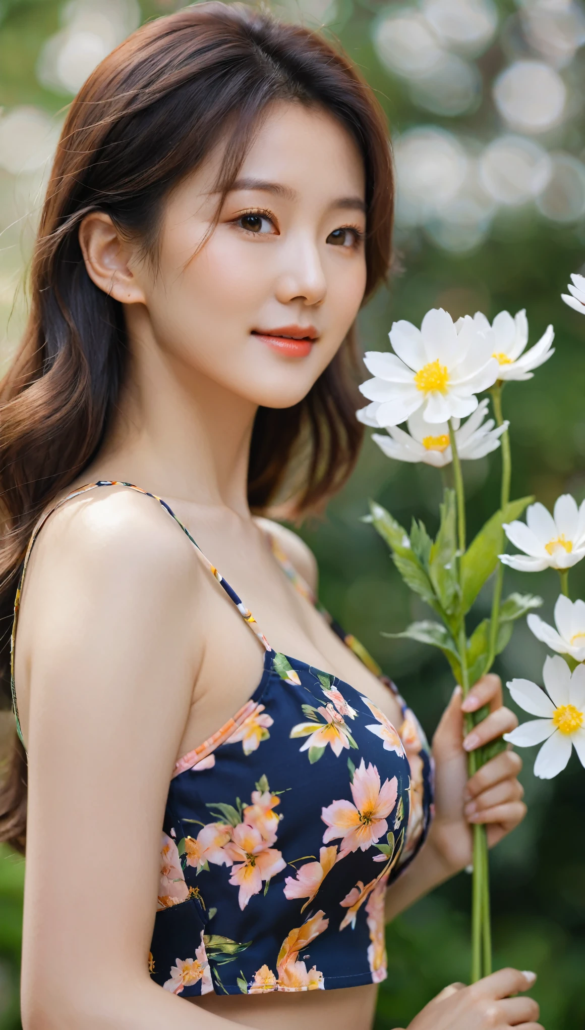 close-up, side shot of beautiful korean female, 34 inch breasts size, slightly smile , wearing floral crop top, holding flowers, bokeh background