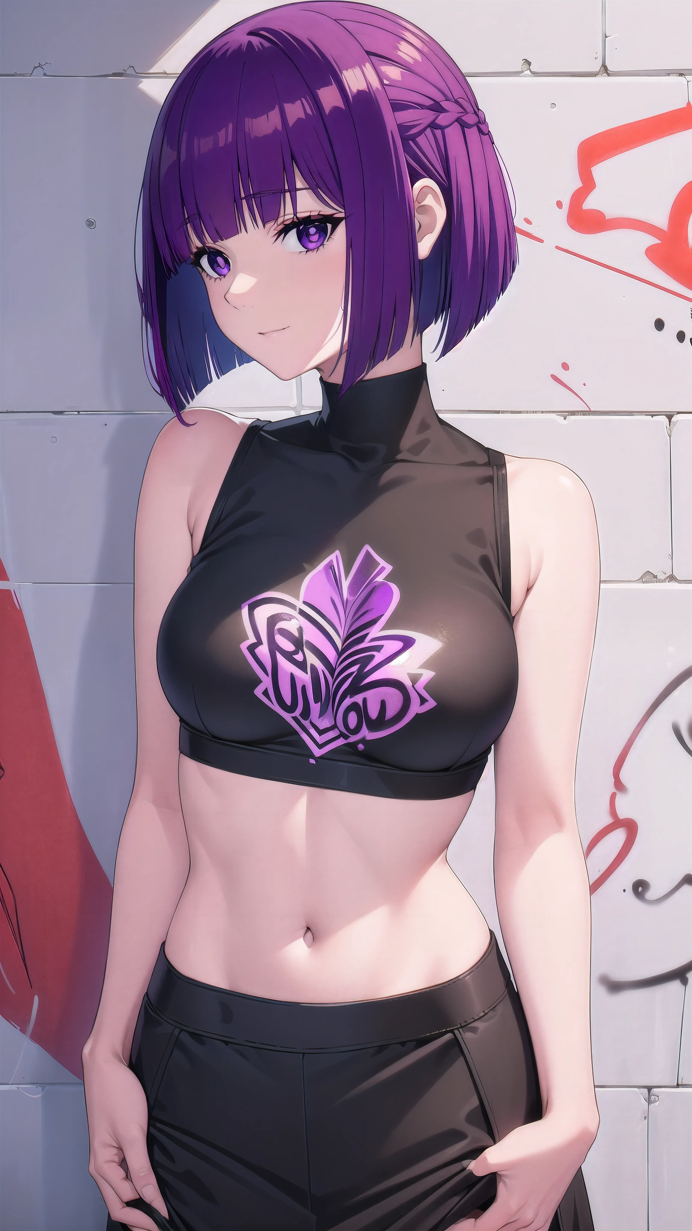 masterpiece, best quality, 1girl, solo, stylish crop top, smile, vibrant short purple hair, bobhair, short-hair, short bob hair, (((bobcut))), bob haircut, very short bob cut, lip length hair, blunt ends, (sciled bob), buzzed nape ((haircut:1.3)), undercut, bobbed hair, minibob, sidecut, shaved, purple eyes, graduation bob, straight short hair, short hair above the ears, Shot diagonally from the side, elegant braid, soft bangs, upper body, alluring choker, (graffiti:1.5), artistic paint splatter, seductive arms behind back, leaning against wall, exposed back, fashionable armband, urban hiphop style, flirty skirt, playful head tilt, intense expression, warm orange, dynamic asymmetrical design, bold geometric shapes, creative street art