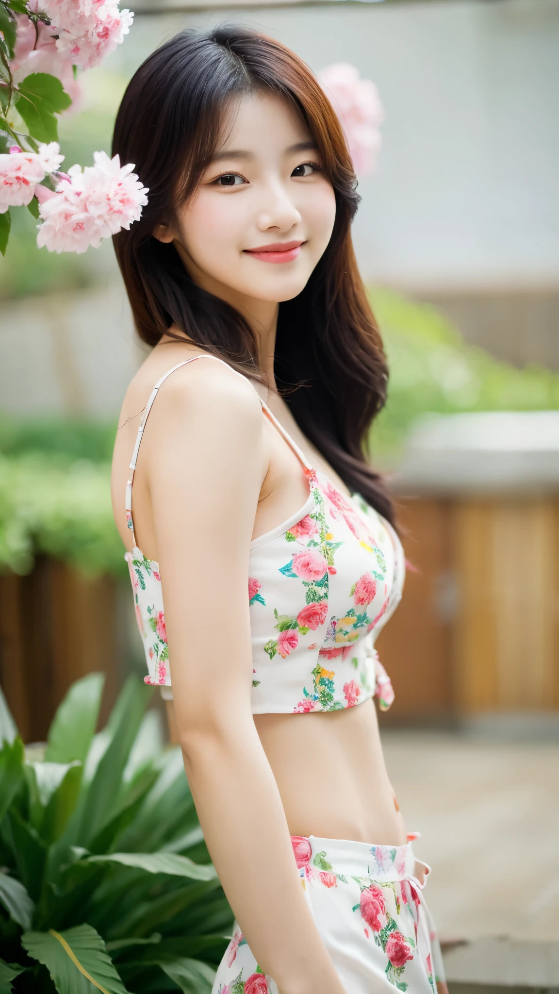 close-up, side shot of beautiful korean female, 34 inch breasts size, slightly smile , wearing floral crop top, holding flowers, bokeh background 