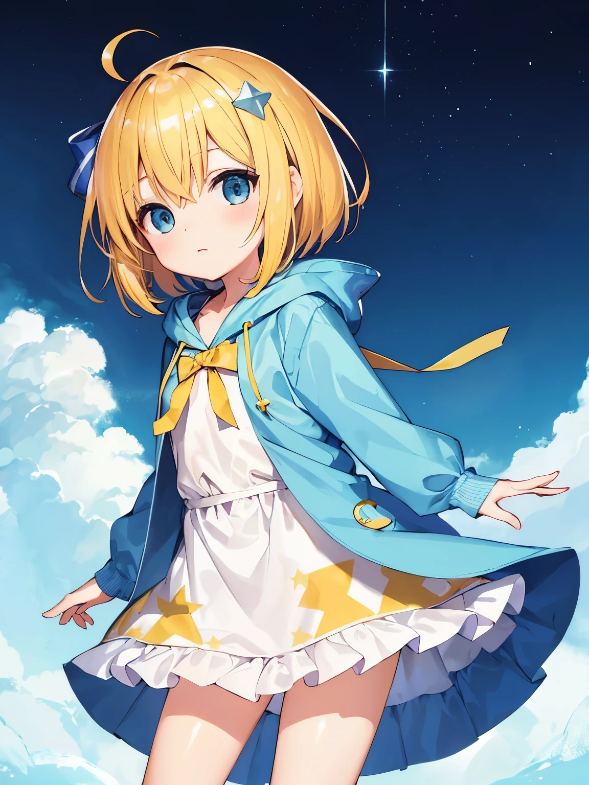 Highest image quality,masterpiece,,smile,open mouth,flat chest,yellow hair,short bob,((Top of the head,Large light blue ribbon)),star-shaped hair ornament,light blue hoodie,white dress,black spats,Chibi