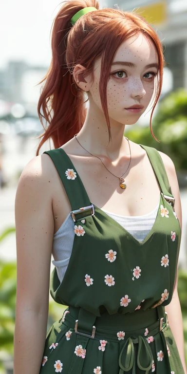 (masterpiece, best quality), 1girl, collarbone, wavy hair, looking at the viewer, blurry, upper body, necklace, suspenders, floral print, ponytail, freckles, red hair, sunlight, alien, green light, green molasses