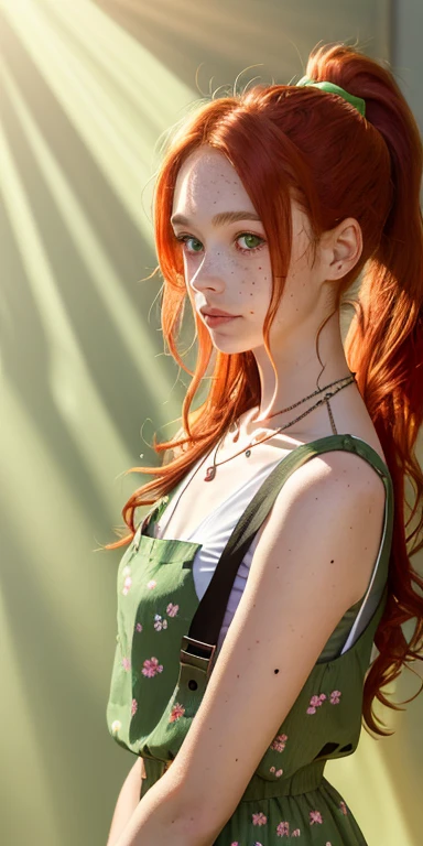 (masterpiece, best quality), 1girl, collarbone, wavy hair, looking at the viewer, blurry, upper body, necklace, suspenders, floral print, ponytail, freckles, red hair, sunlight, alien, green light, green molasses
