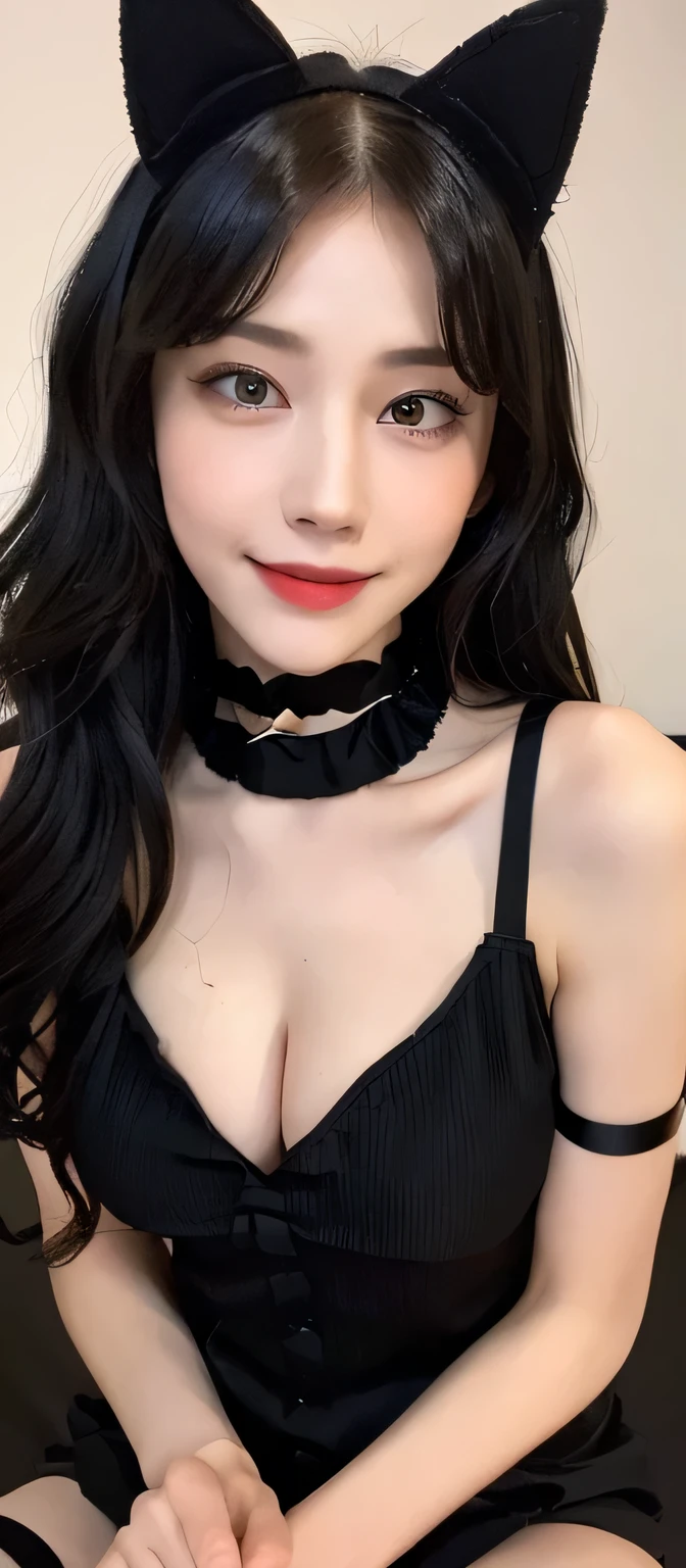 ((Midnight, Best quality, 8k, Masterpiece :1.3)), Sharp focus, face close up :1.2, A pretty woman with perfect figure :1.4, Slender abs :1.1, ((black wavy hair, Big breasts :1.2)), (cat costume, choker, sitting :1.2), ((bed :1.3)), Highly detailed face and skin texture, Detailed eyes, Double eyelid, smile,