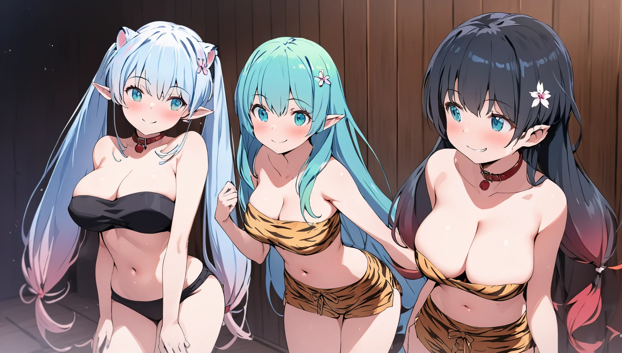 (masterpiece, best quality), ((uncensored)),Lum, 3 elven girls, ( collar bone, cleavage, navel,  thigh),  view from side, (light blue hair, twin tails ,very long hair , hair is shimmering), hair between eyes, multi colored hair,hair flower ornament ,blush,  aqua eyes, gradient eyes, superb smile ,pointed ears, , tiger print strapless vikini,japanese ryokan , walking, having a chat , tiger print shorts ,while walking