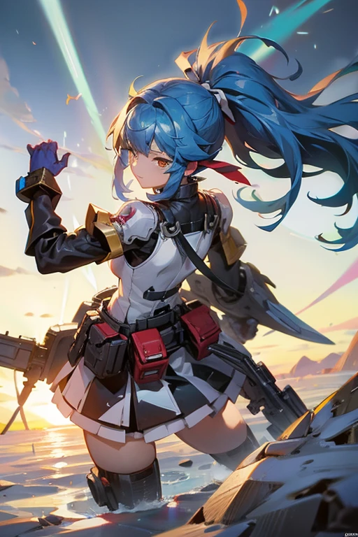 highest image quality, highest quality,High definition, high resolution image quality,8k. A-Meaha Musume.1 girl ,mecha musume,blue hair,ponytail,Firing a machine gun.Lots of enemy robots,Atmospheric entry,