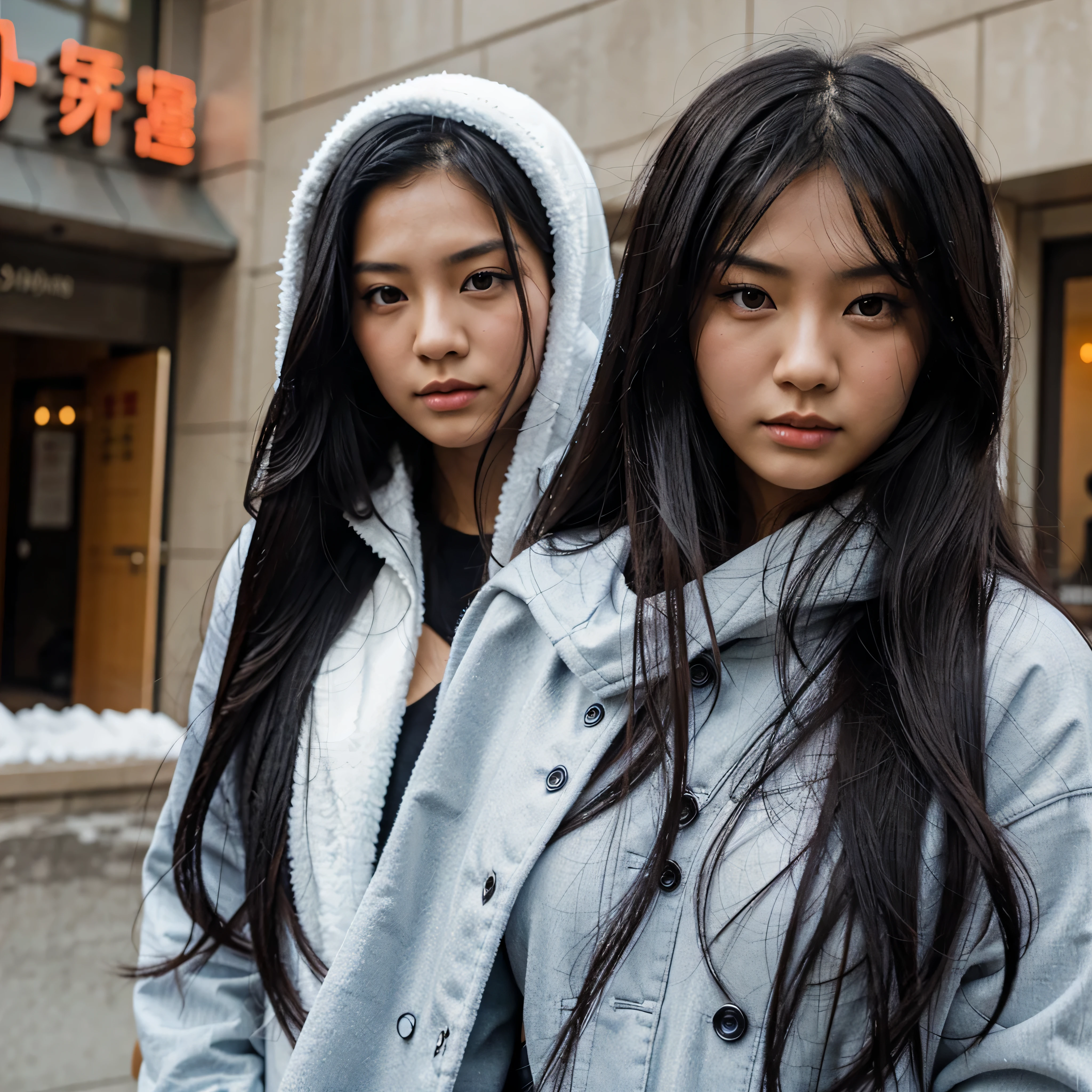 Beautiful Asian girl with long black hair and cold expression