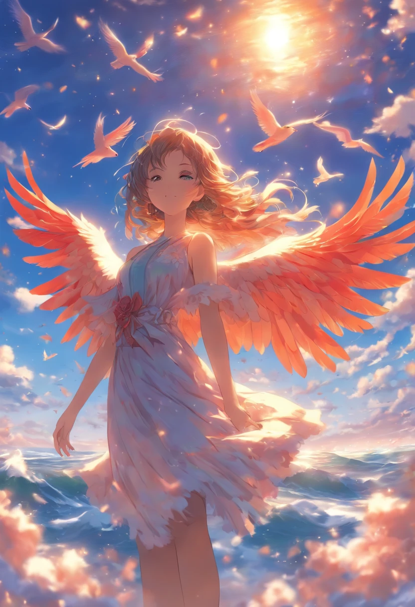 Bird in a clear sky, personification of freedom, ocean, beautiful female hands, a book, in the book there is an illustration of a similar bird in the sky
