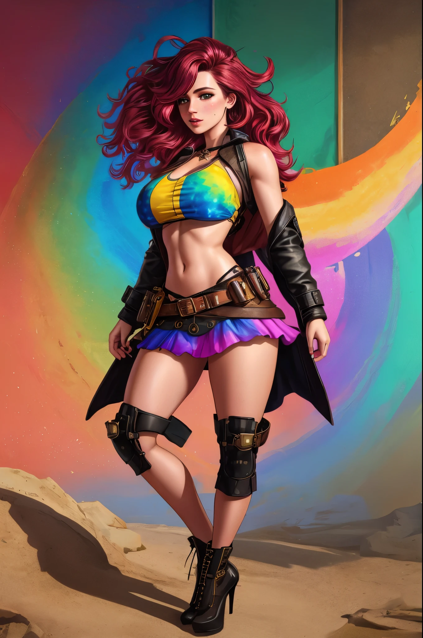 Colorful beautiful girl: a girl 28-years old, messy hair, oil painting, 8k resolution, complex, elegant, expansive, fantastical, wavy hair, vibrant, rainbow colours, tie dyed croptop, underboob, short skirt, gorgeous hair, full body shot, pretty face, high heels, engineer, freckles, steampunk, boots, seductive, apocalyptic setting, belts and buckles
