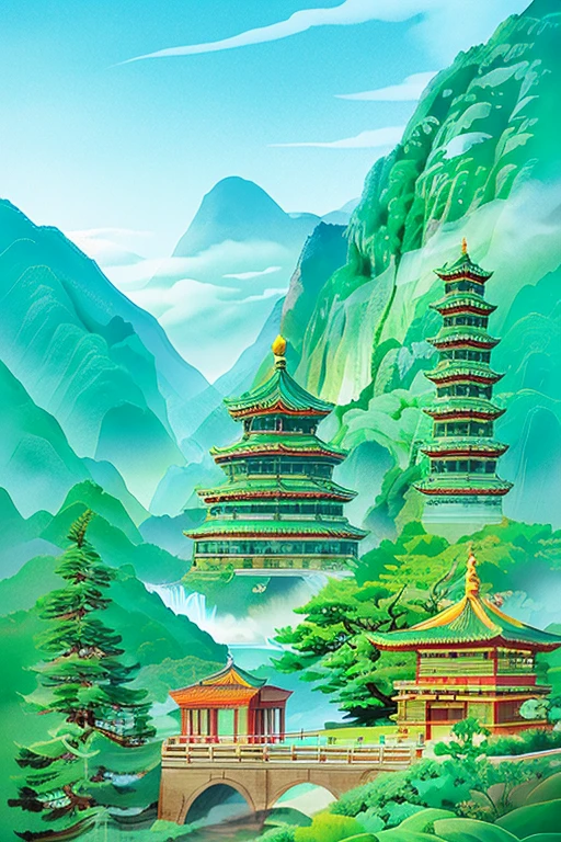 green theme, waterfall, scenery, tree,no humans, water, outdoors, east asian architecture, pagoda, bird, mountain, cloud, nature, building, day, sky, masterpiece, best quality