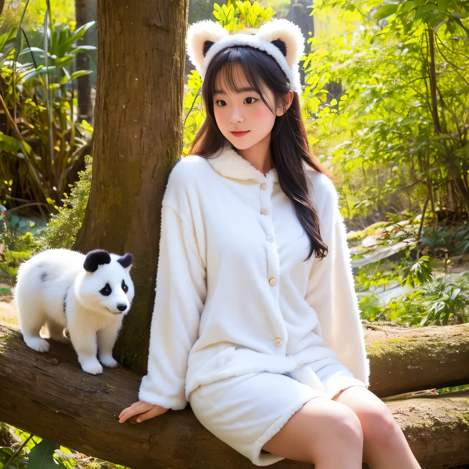 A professional high-quality photo, in 4K resolution, captures in realistic detail a charming girl in a fluffy white pajama with ears and foxtail. She is sitting in the middle of an enchanted forest, where every element is portrayed to perfection. The textures of the pajamas, ears and tail are sharp and palpable. Sunlight falls on the leaves and gently illuminates the girl's face, highlighting each delicate and charming expression --auto --s2