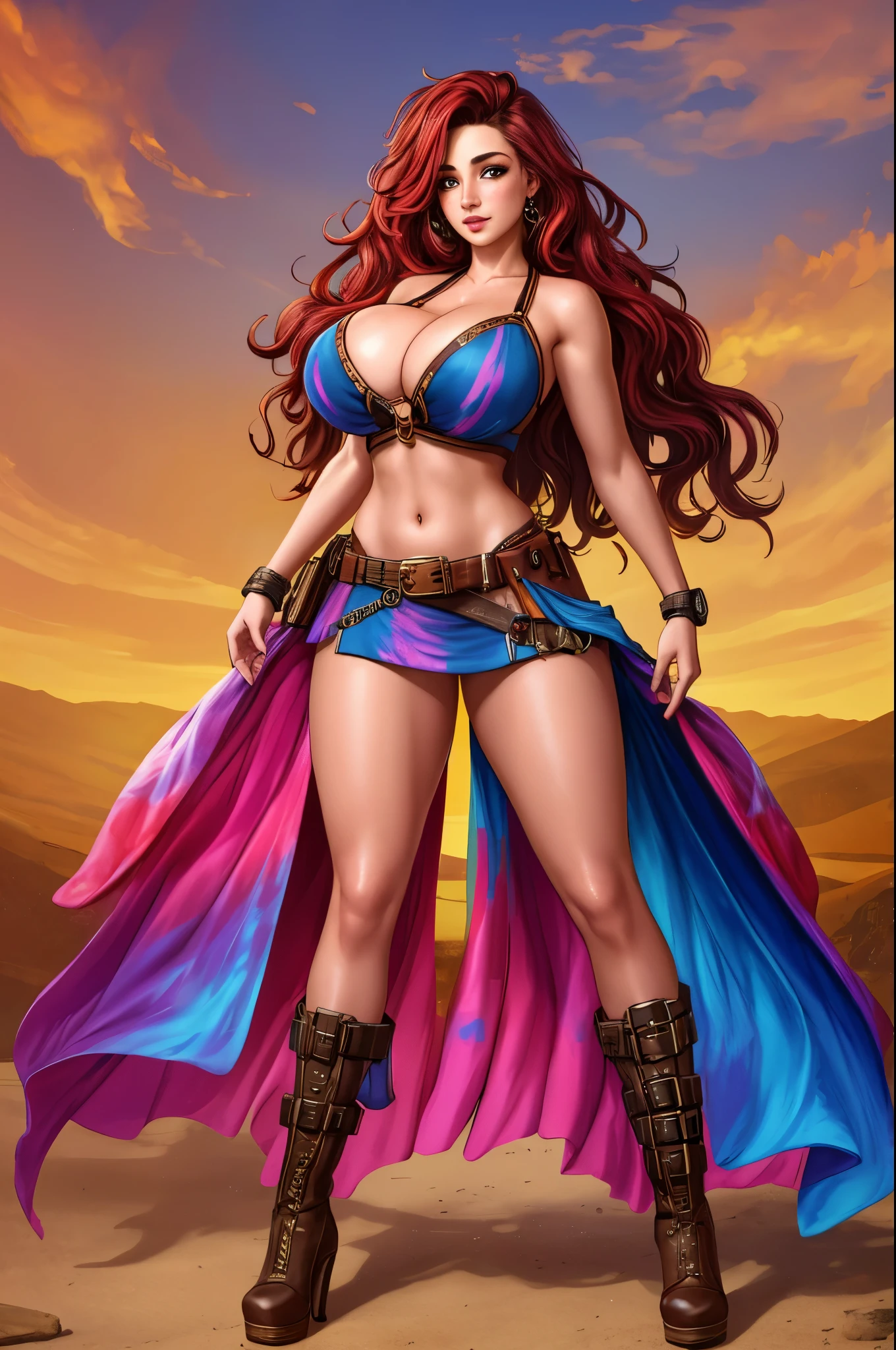 Colorful beautiful girl: a girl 28-years old, messy hair, oil painting, 8k resolution, complex, elegant, expansive, fantastical, wavy hair, vibrant, rainbow colours, tie dyed croptop, underboob, short skirt, gorgeous hair, full body shot, pretty face, high heels, engineer, freckles, steampunk, boots, seductive, apocalyptic setting, belts and buckles