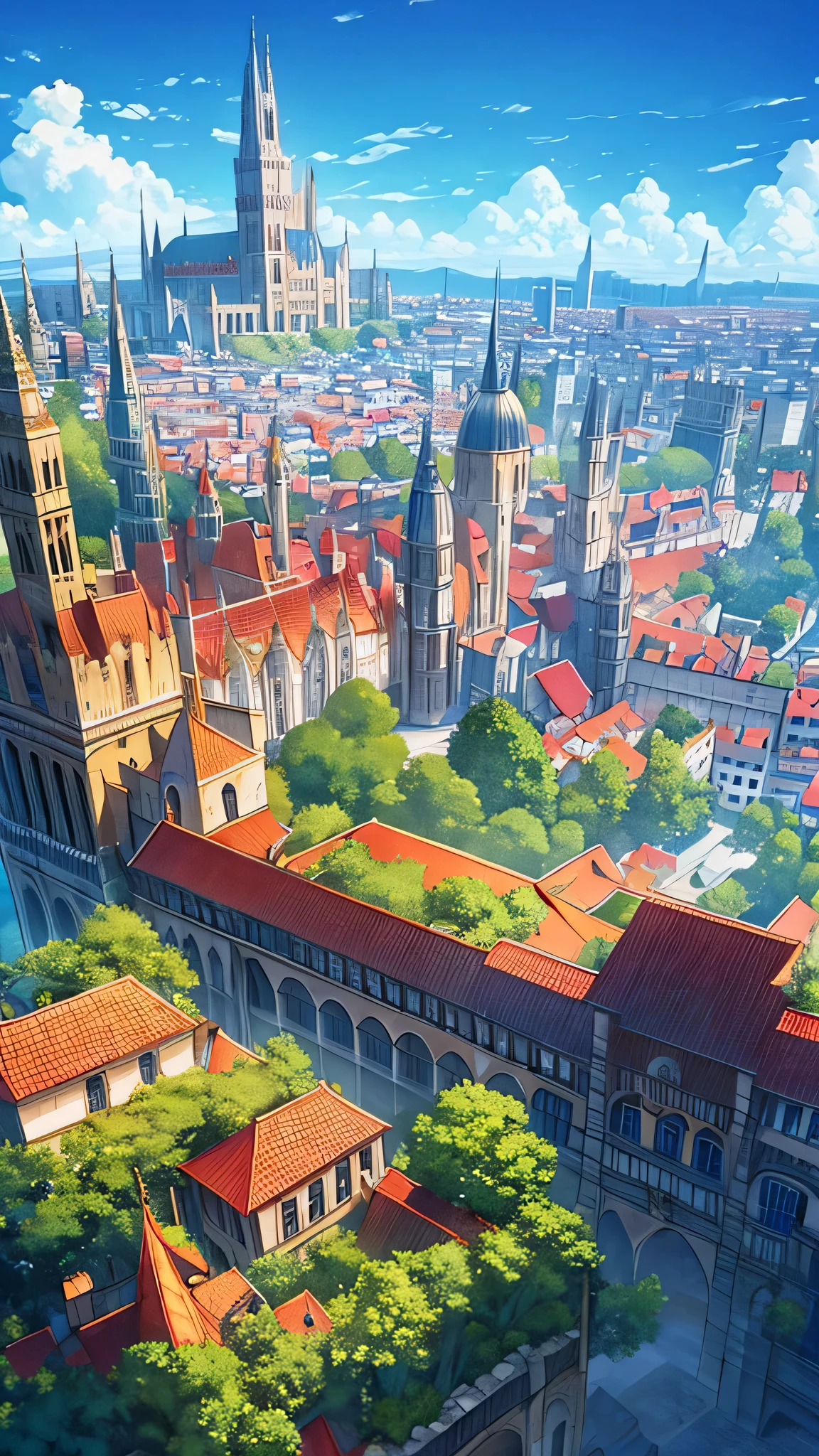 Aerial view of a sprawling medieval fantasy cityscape with majestic palaces, bustling markets, intricate buildings, and charming houses set against a backdrop of fluffy clouds and a clear blue sky. Vertical orientation, detailed illustration, high stylization. a traveler looks at the city from the top of the hill