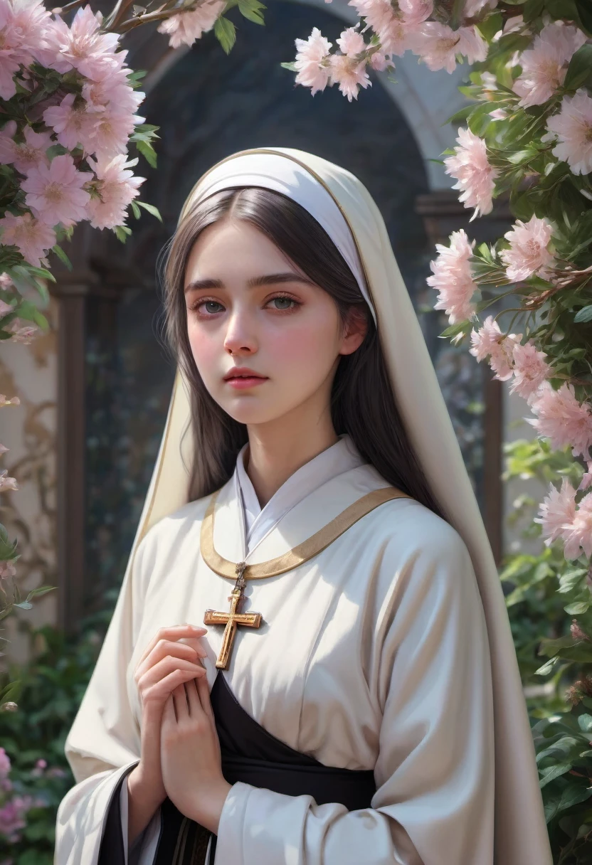 1girl, nun, dark robes, holy cross, serene expression, peaceful garden, soft sunlight, quiet atmosphere, sacred surroundings, (best quality, 4k, 8k, highres, masterpiece:1.2), ultra-detailed, painting-like, soft pastel colors, gentle lighting, aesthetic